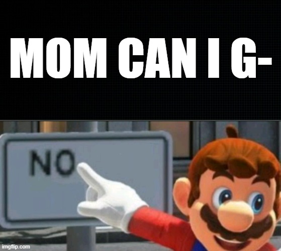 MOM CAN I G- | image tagged in mario points at a no sign | made w/ Imgflip meme maker
