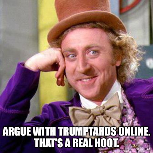 Willy Wonka Blank | ARGUE WITH TRUMPTARDS ONLINE.
THAT'S A REAL HOOT. | image tagged in willy wonka blank | made w/ Imgflip meme maker