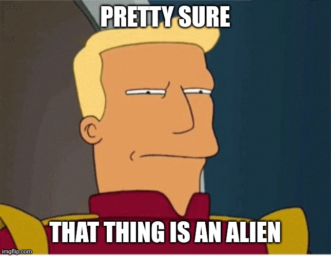 ZAPP BRANNIGAN SQUINT | PRETTY SURE THAT THING IS AN ALIEN | image tagged in zapp brannigan squint | made w/ Imgflip meme maker