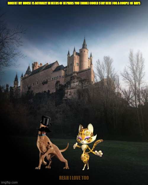 scooby the gentlemen | ROBERT MY HOUSE IS ACTUALLY IN NEEDS OF REPAIRS YOU THINK I COULD STAY HERE FOR A COUPLE OF DAYS; REAH I LOVE TOO | image tagged in majestic castle,cats,dogs,warner bros,romance,gentlemen | made w/ Imgflip meme maker