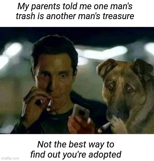 Trash or Treasure | My parents told me one man's trash is another man's treasure; Not the best way to find out you're adopted | image tagged in adopted,trash,treasure,funny memes,matthew mcconaughey | made w/ Imgflip meme maker
