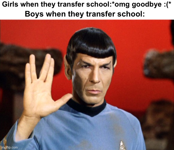 The saddest thing that could happen | Girls when they transfer school:*omg goodbye :(*; Boys when they transfer school: | image tagged in school,school meme,star trek,spock,goodbye,sad | made w/ Imgflip meme maker