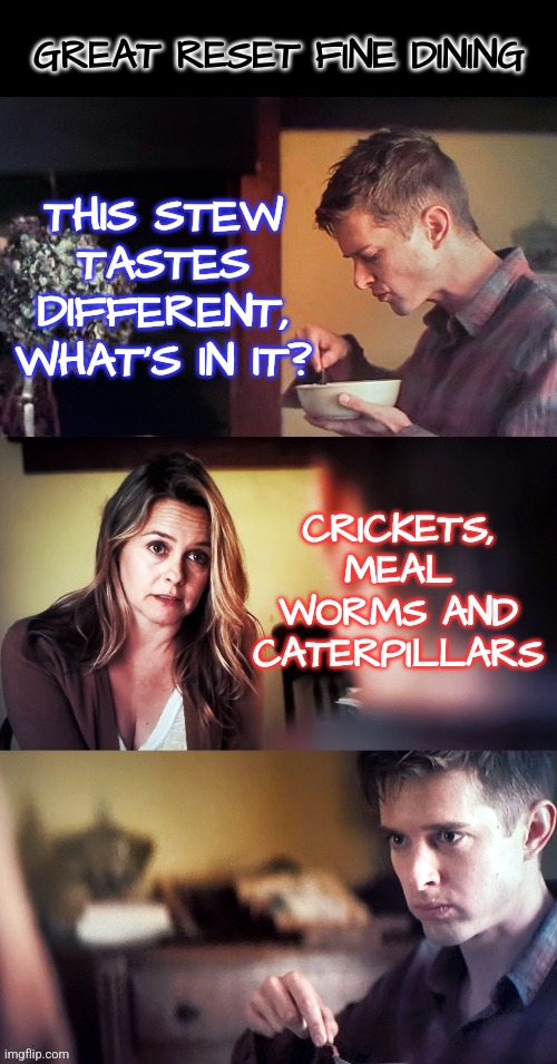 Great Reset Fine Dining | GREAT RESET FINE DINING; THIS STEW TASTES DIFFERENT, WHAT'S IN IT? CRICKETS, MEAL WORMS AND CATERPILLARS | image tagged in surprising supper,memes,liberals,democrats,conservatives,progressives | made w/ Imgflip meme maker