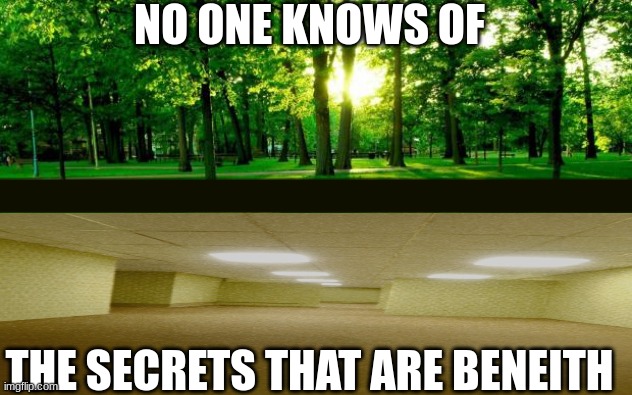 idk | NO ONE KNOWS OF; THE SECRETS THAT ARE BENEITH | image tagged in backrooms | made w/ Imgflip meme maker