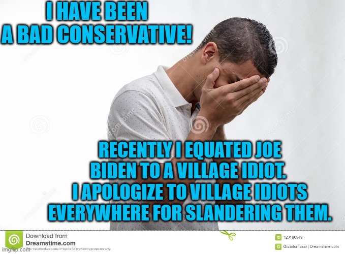 Sometimes you gotta just man up and humbly apologize. | I HAVE BEEN A BAD CONSERVATIVE! RECENTLY I EQUATED JOE BIDEN TO A VILLAGE IDIOT.  I APOLOGIZE TO VILLAGE IDIOTS EVERYWHERE FOR SLANDERING THEM. | image tagged in slander | made w/ Imgflip meme maker