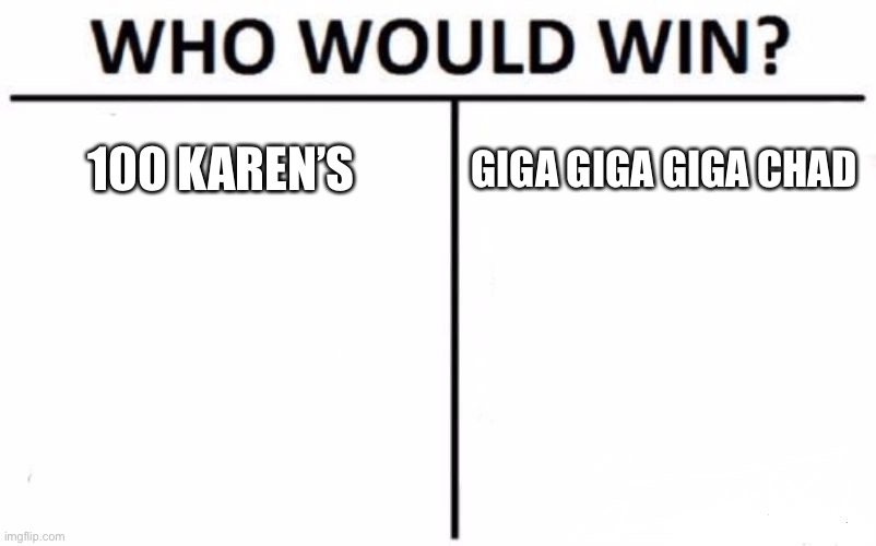 Who Would Win? | 100 KAREN’S; GIGA GIGA GIGA CHAD | image tagged in memes,who would win | made w/ Imgflip meme maker