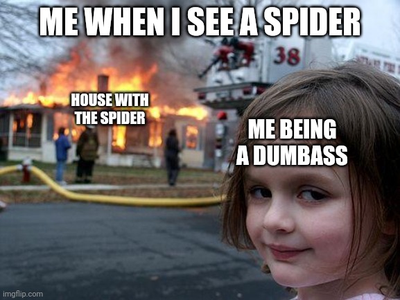 Me when i see a spider: | ME WHEN I SEE A SPIDER; ME BEING
A DUMBASS; HOUSE WITH
THE SPIDER | image tagged in memes,disaster girl | made w/ Imgflip meme maker