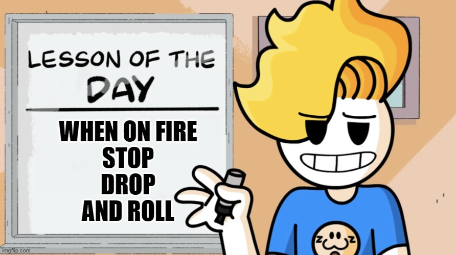 Lesson of the day | WHEN ON FIRE
STOP
DROP
AND ROLL | image tagged in lesson of the day | made w/ Imgflip meme maker