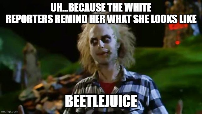 Bettlejuice Sandworms You hate em right | UH...BECAUSE THE WHITE REPORTERS REMIND HER WHAT SHE LOOKS LIKE BEETLEJUICE | image tagged in bettlejuice sandworms you hate em right | made w/ Imgflip meme maker