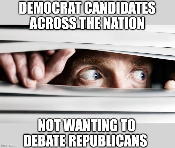 hiding | DEMOCRAT CANDIDATES ACROSS THE NATION; NOT WANTING TO DEBATE REPUBLICANS | image tagged in hiding | made w/ Imgflip meme maker