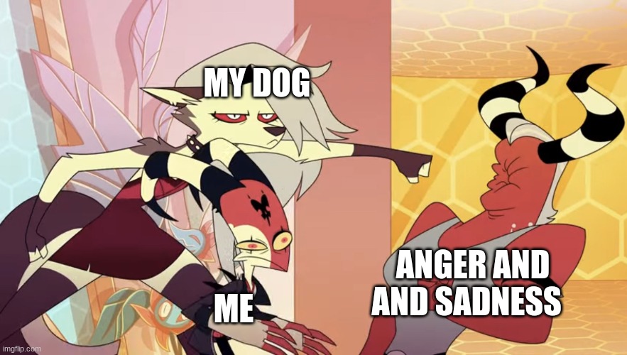 a dog a day makes the sadness go away | MY DOG; ANGER AND AND SADNESS; ME | image tagged in protective family | made w/ Imgflip meme maker