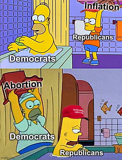 Homer’s revenge fixed textboxes | Inflation; Republicans; Democrats; Abortion; Democrats; Republicans | image tagged in homer s revenge fixed textboxes | made w/ Imgflip meme maker