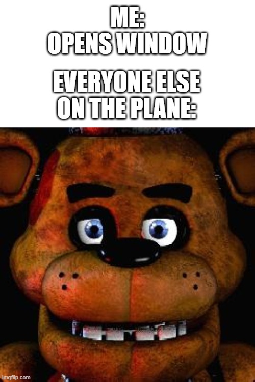 funny name here | ME: OPENS WINDOW; EVERYONE ELSE ON THE PLANE: | image tagged in five nights at freddys,airplane,plane,windows | made w/ Imgflip meme maker