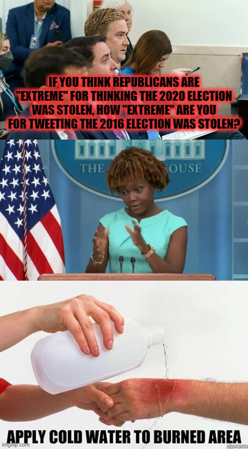In a Nutshell | IF YOU THINK REPUBLICANS ARE "EXTREME" FOR THINKING THE 2020 ELECTION WAS STOLEN, HOW "EXTREME" ARE YOU FOR TWEETING THE 2016 ELECTION WAS STOLEN? | image tagged in apply cold water to burned area | made w/ Imgflip meme maker