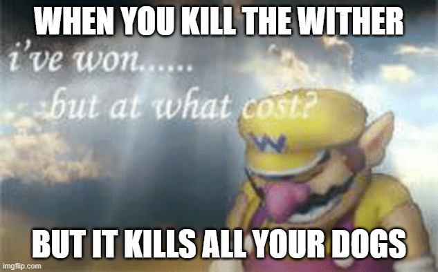 Dogs | WHEN YOU KILL THE WITHER; BUT IT KILLS ALL YOUR DOGS | image tagged in i've won but at what cost | made w/ Imgflip meme maker