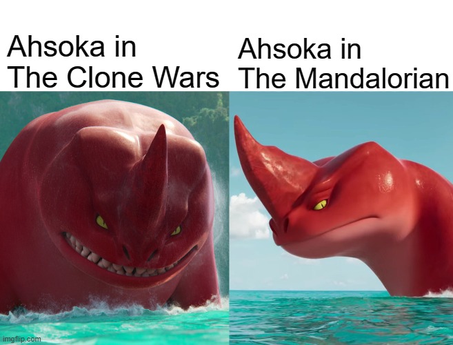 The Mandalorian totally ruined Ahsoka's personality | Ahsoka in The Clone Wars; Ahsoka in The Mandalorian | image tagged in angry red vs calm red,clone wars,the mandalorian,ahsoka | made w/ Imgflip meme maker