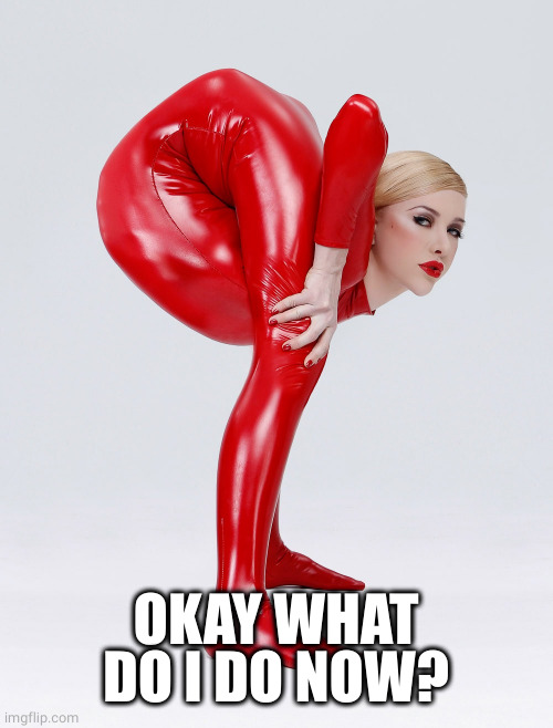 Zlata the contortionist | OKAY WHAT DO I DO NOW? | image tagged in zlata the contortionist | made w/ Imgflip meme maker