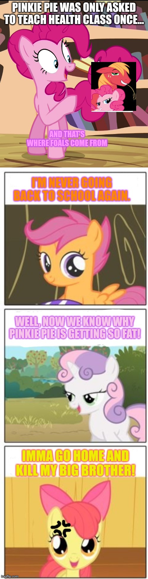 Pinkie pie problems | PINKIE PIE WAS ONLY ASKED TO TEACH HEALTH CLASS ONCE... AND THAT'S WHERE FOALS COME FROM | image tagged in pinkie pie,worst,substitute teacher | made w/ Imgflip meme maker