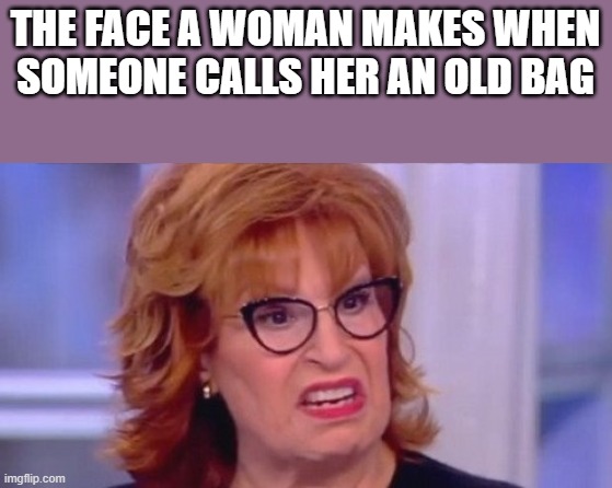 Old Bag Joy Behar | THE FACE A WOMAN MAKES WHEN SOMEONE CALLS HER AN OLD BAG | image tagged in old bag,joy behar,the view,funny face,funny,memes | made w/ Imgflip meme maker