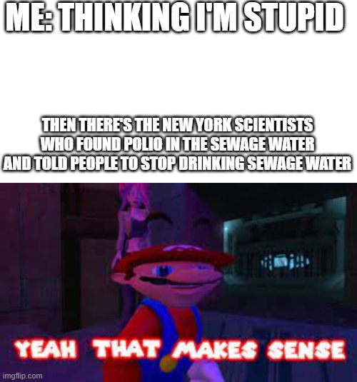 heard it on the radio the other day | ME: THINKING I'M STUPID; THEN THERE'S THE NEW YORK SCIENTISTS WHO FOUND POLIO IN THE SEWAGE WATER AND TOLD PEOPLE TO STOP DRINKING SEWAGE WATER | image tagged in blank white template,yeah that makes sense | made w/ Imgflip meme maker
