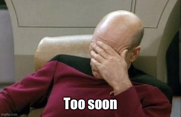 Captain Picard Facepalm Meme | Too soon | image tagged in memes,captain picard facepalm | made w/ Imgflip meme maker