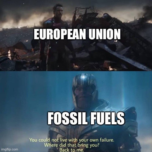 Thanos you could not live with your own failure | EUROPEAN UNION; FOSSIL FUELS | image tagged in thanos you could not live with your own failure | made w/ Imgflip meme maker