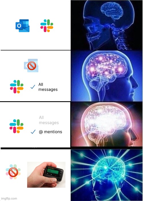 Progression of notification mastery | image tagged in expanding brain,notifications,slack,outlook,email,work notifications | made w/ Imgflip meme maker