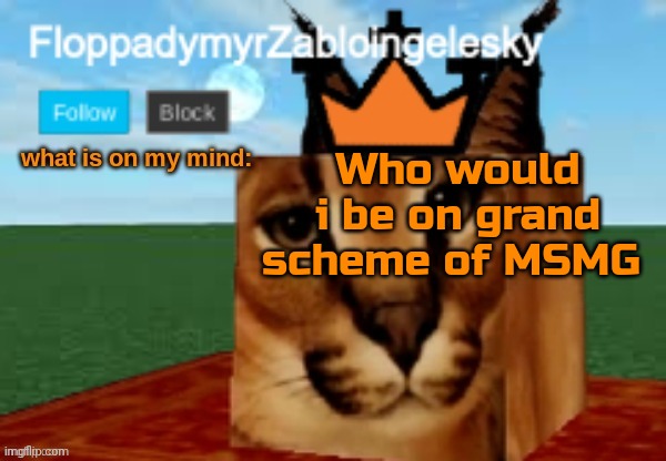 FloppadymyrZabloingelesky Template | Who would i be on grand scheme of MSMG | image tagged in floppadymyrzabloingelesky template | made w/ Imgflip meme maker