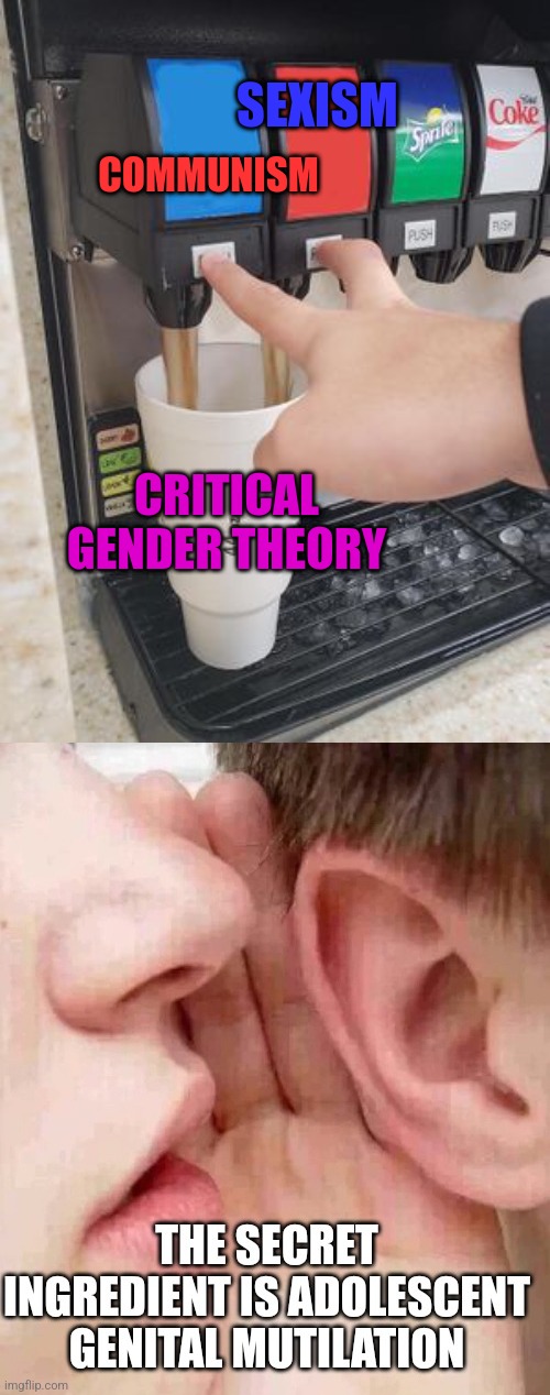 How CGT is made | SEXISM; COMMUNISM; CRITICAL GENDER THEORY | image tagged in double soda pour | made w/ Imgflip meme maker