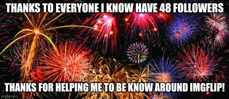 Colorful Fireworks | THANKS TO EVERYONE I KNOW HAVE 48 FOLLOWERS; THANKS FOR HELPING ME TO BE KNOW AROUND IMGFLIP! | image tagged in colorful fireworks | made w/ Imgflip meme maker
