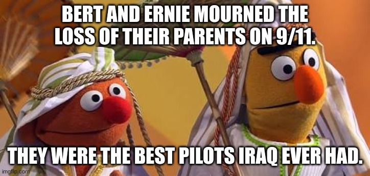 *Realization* | BERT AND ERNIE MOURNED THE LOSS OF THEIR PARENTS ON 9/11. THEY WERE THE BEST PILOTS IRAQ EVER HAD. | image tagged in bert and ernie as arabs,shitpost,oh hell no | made w/ Imgflip meme maker