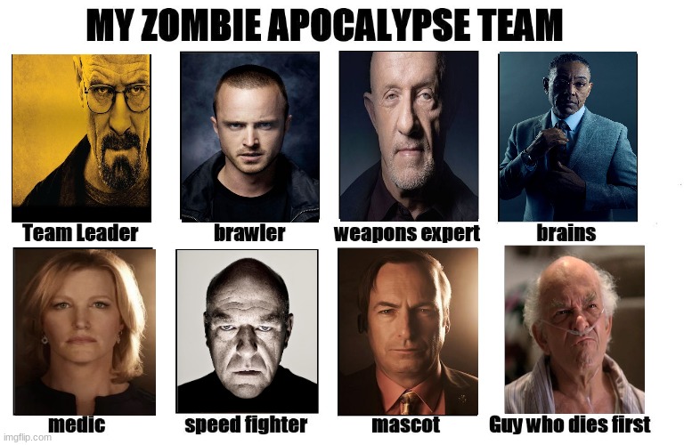 My Zombie Apocalypse Team | image tagged in my zombie apocalypse team,breaking bad,better call saul | made w/ Imgflip meme maker