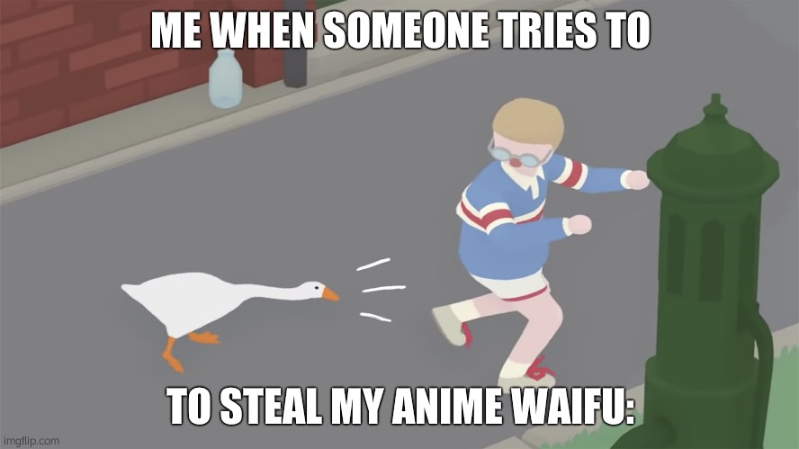 She's not yours (Mod note: Facts) | ME WHEN SOMEONE TRIES TO; TO STEAL MY ANIME WAIFU: | image tagged in goose game honk,waifu | made w/ Imgflip meme maker
