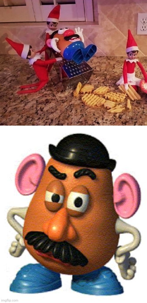 The cursed, dark moment of Mr. Potato Head | image tagged in mr potato head,dark humor,cursed image,memes,waffle fries,fries | made w/ Imgflip meme maker