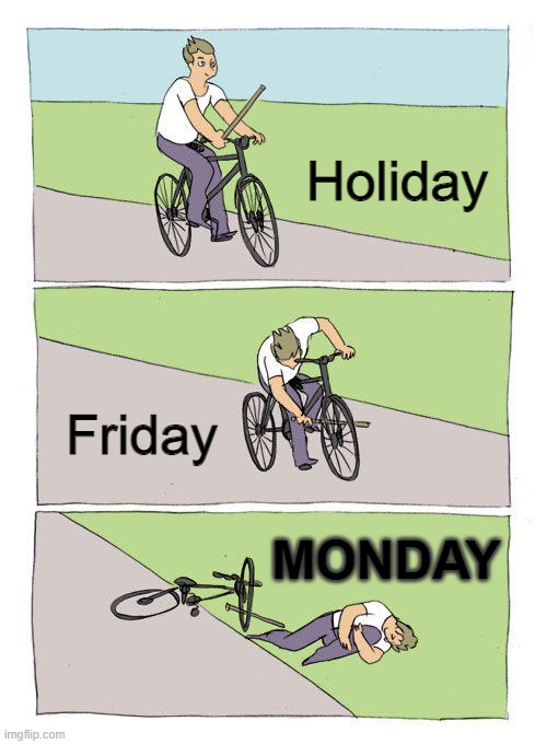 Days | Holiday; Friday; MONDAY | image tagged in memes,bike fall | made w/ Imgflip meme maker