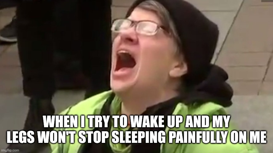 I have tried to be patient with that kinda thing plenty of times before but this time my mind was going like 50 mph basically | WHEN I TRY TO WAKE UP AND MY LEGS WON'T STOP SLEEPING PAINFULLY ON ME | image tagged in screaming liberal,memes,relatable,savage memes | made w/ Imgflip meme maker