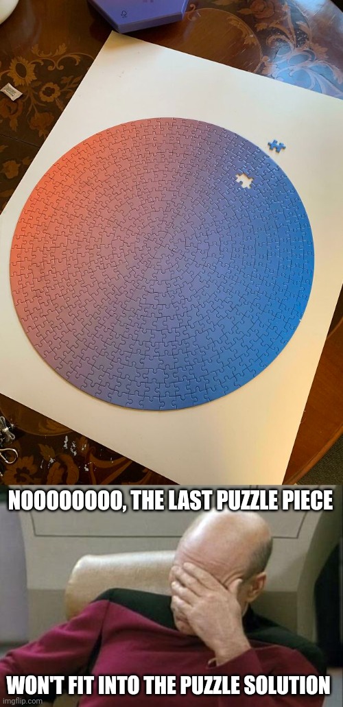 Last puzzle piece won't fit | NOOOOOOOO, THE LAST PUZZLE PIECE; WON'T FIT INTO THE PUZZLE SOLUTION | image tagged in memes,captain picard facepalm,puzzles,puzzle,you had one job,piece | made w/ Imgflip meme maker