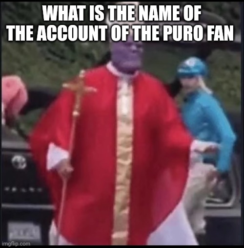 Holy thanos | WHAT IS THE NAME OF THE ACCOUNT OF THE PURO FAN | image tagged in holy thanos | made w/ Imgflip meme maker