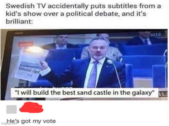 He’s got my vote | image tagged in lol,memes,political meme,swedish | made w/ Imgflip meme maker