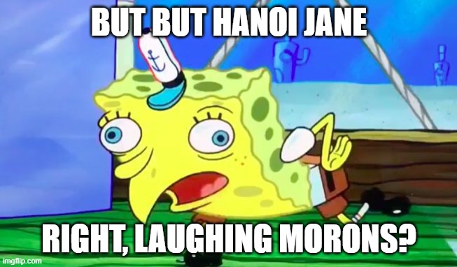 Retarded spongebob | BUT BUT HANOI JANE; RIGHT, LAUGHING MORONS? | image tagged in retarded spongebob | made w/ Imgflip meme maker