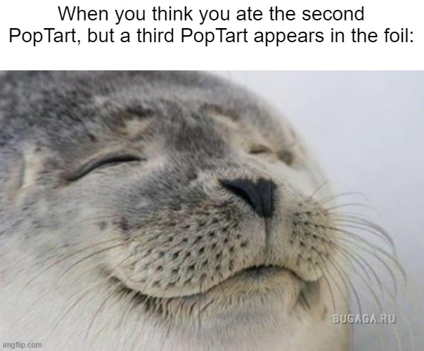 I love it when this happens... | When you think you ate the second PopTart, but a third PopTart appears in the foil: | image tagged in happy seal,poptart,satisfying,relatable memes | made w/ Imgflip meme maker