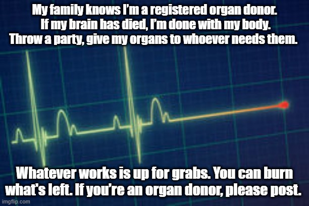 Organ donation. | My family knows I’m a registered organ donor.  If my brain has died, I’m done with my body. Throw a party, give my organs to whoever needs them. Whatever works is up for grabs. You can burn what's left. If you’re an organ donor, please post. | image tagged in flat line electrocardiogram | made w/ Imgflip meme maker