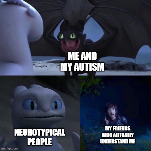 How I mostly feel | ME AND MY AUTISM; NEUROTYPICAL PEOPLE; MY FRIENDS WHO ACTUALLY UNDERSTAND ME | image tagged in toothless presents himself,autism,autistic | made w/ Imgflip meme maker