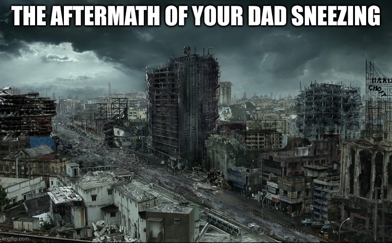 The aftermath | THE AFTERMATH OF YOUR DAD SNEEZING | image tagged in destroyed city,dad sneezing | made w/ Imgflip meme maker