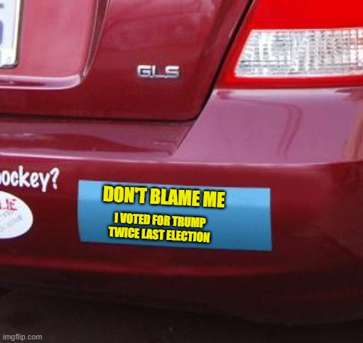 Maga: It's only a crime if someone else does it | DON'T BLAME ME; I VOTED FOR TRUMP TWICE LAST ELECTION | image tagged in bumper sticker | made w/ Imgflip meme maker