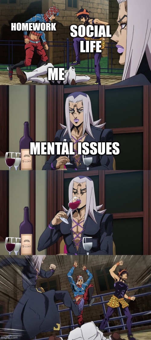Me lol | HOMEWORK; SOCIAL LIFE; ME; MENTAL ISSUES | image tagged in abbacchio joins in the fun,jojofan,lol | made w/ Imgflip meme maker