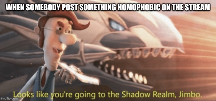 Looks like you’re going to the shadow realm jimbo | WHEN SOMEBODY POST SOMETHING HOMOPHOBIC ON THE STREAM | image tagged in looks like you re going to the shadow realm jimbo | made w/ Imgflip meme maker