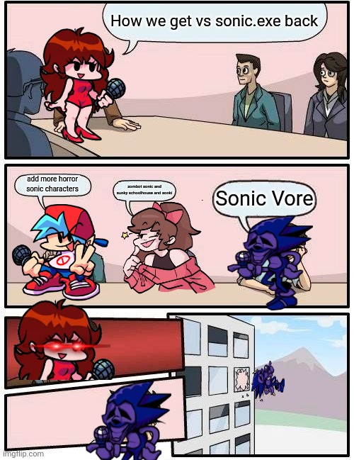 Fnf vs sonic.exe V4 be like | How we get vs sonic.exe back; add more horror sonic characters; zombot sonic and sunky schoolhouse and sonki; Sonic Vore | image tagged in memes,boardroom meeting suggestion | made w/ Imgflip meme maker