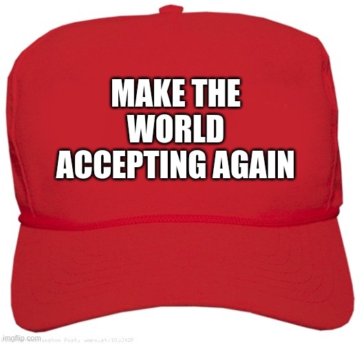 i call it MtWAA | MAKE THE WORLD ACCEPTING AGAIN | image tagged in blank red maga hat | made w/ Imgflip meme maker