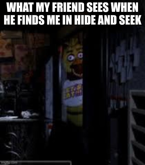 Chica Looking In Window FNAF | WHAT MY FRIEND SEES WHEN HE FINDS ME IN HIDE AND SEEK | image tagged in chica looking in window fnaf | made w/ Imgflip meme maker